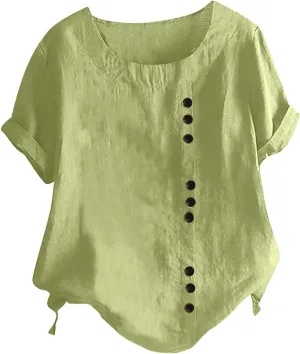 Cotton Linen Tops for Women Loose Fit Casual Roll Up Short Sleeve T-Shirt Trendy Cute Floral Print Blouse 2025 Summer