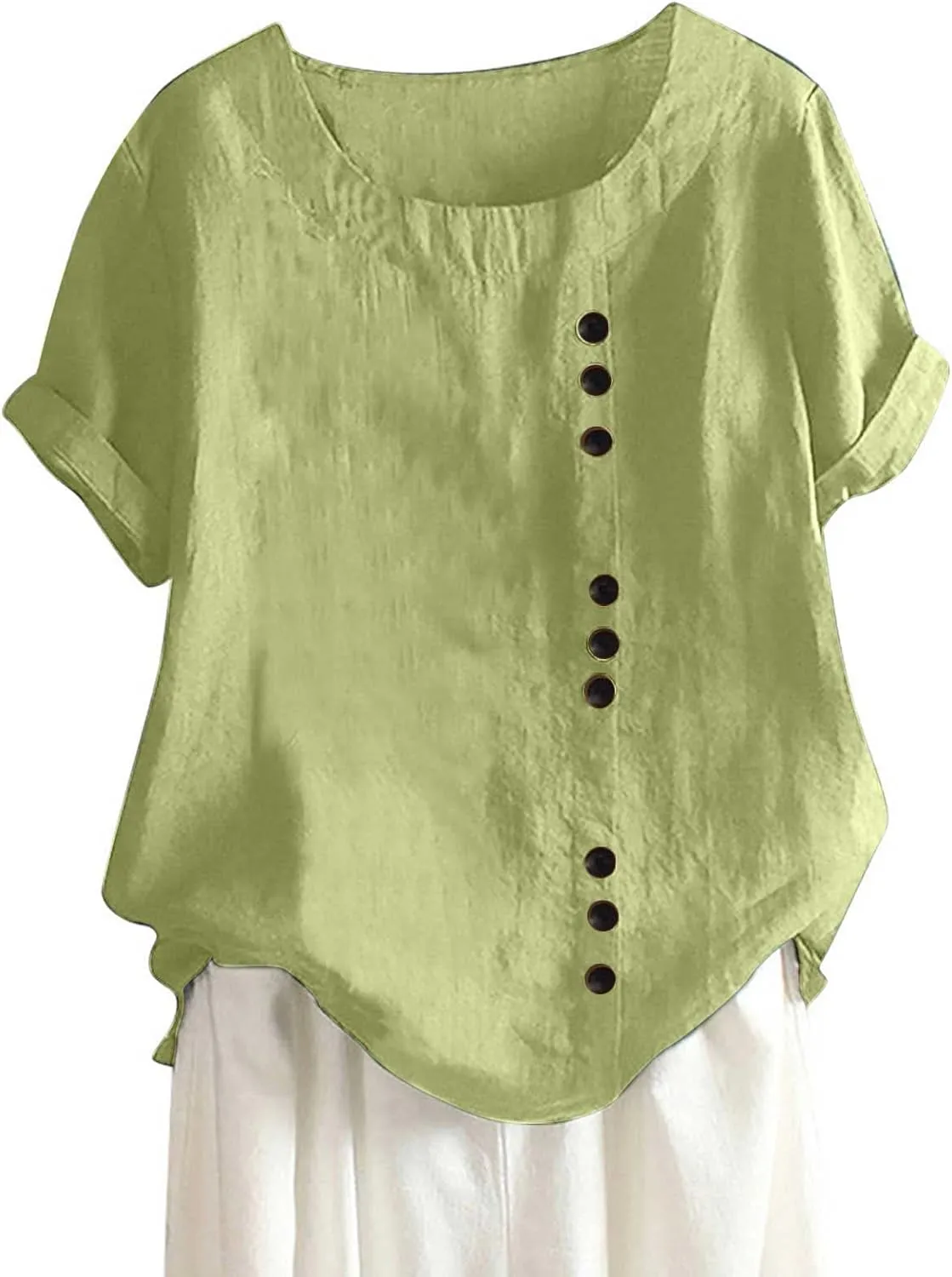 Cotton Linen Tops for Women Loose Fit Casual Roll Up Short Sleeve T-Shirt Trendy Cute Floral Print Blouse 2025 Summer