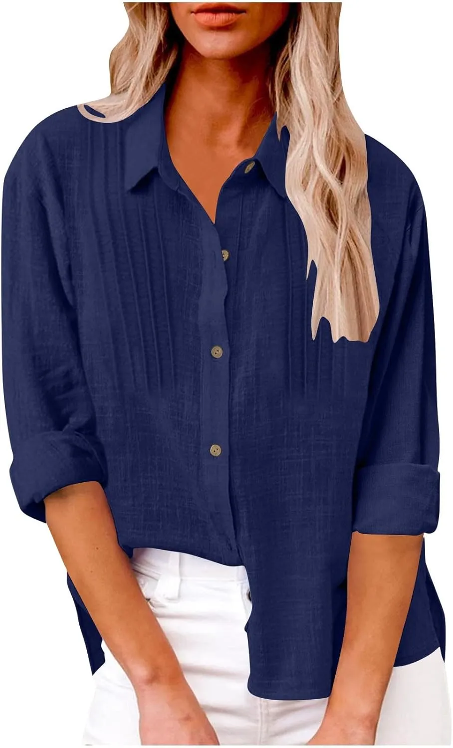 Cotton Linen Tops for Women Summer Solid Color Button Down Long Sleeve Shirts Casual Fashion Loose Pleated Blouse