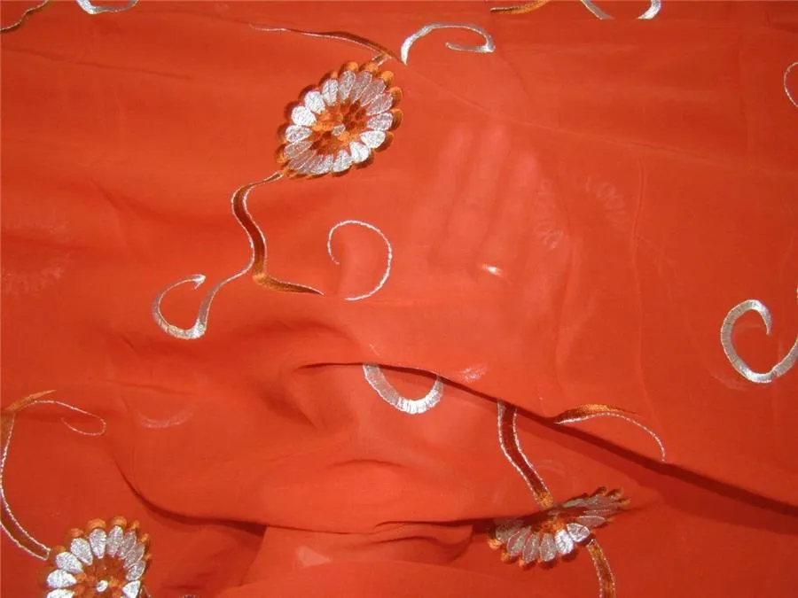 COTTON VOILE FABRIC~EMBROIDERY-5 YARDS-44&quot;RUSTY ORANGE WIH METALLIC SILVER