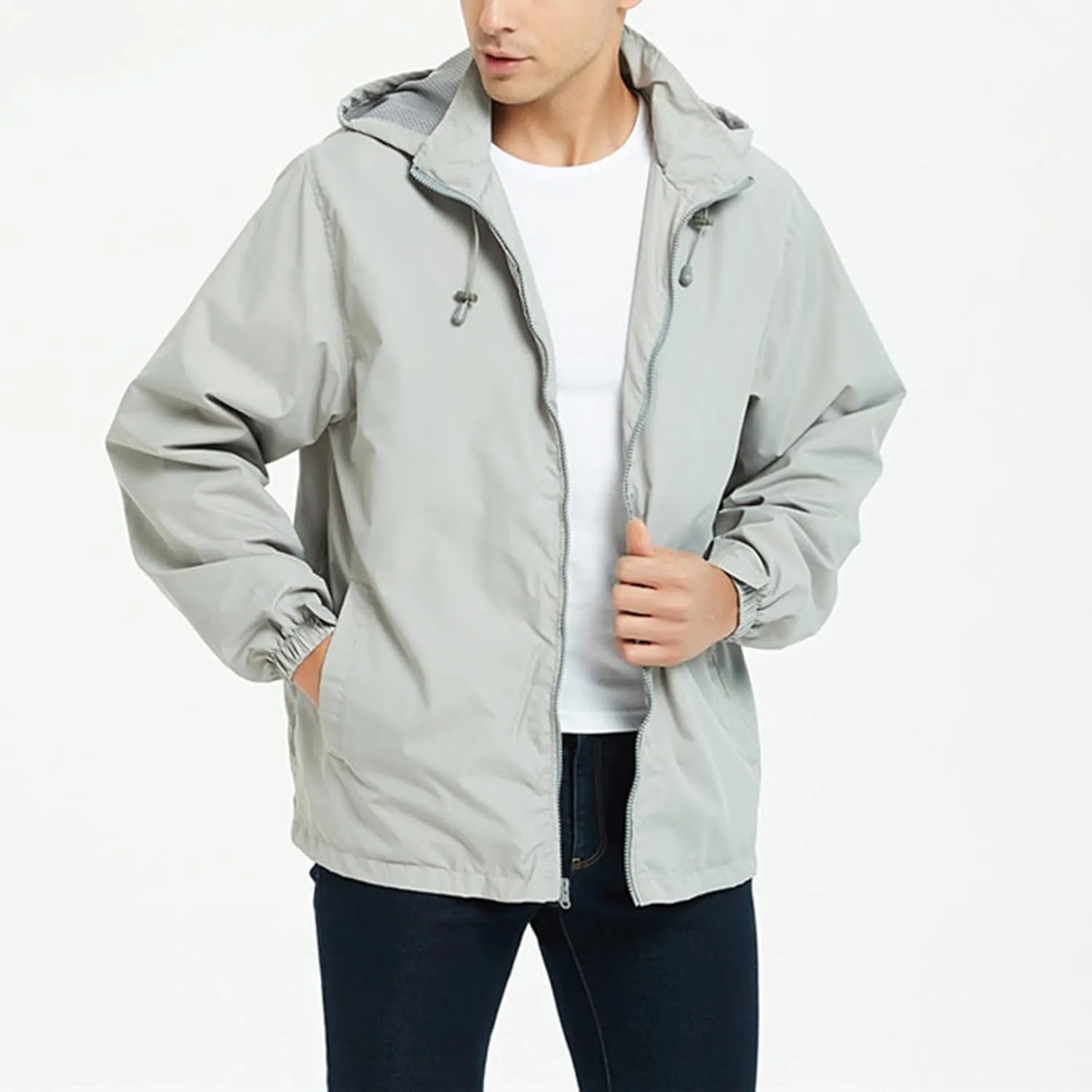 CRNTCEM Mens Waterproof Windbreaker Rain Jacket Lightweight Full Zip Water-Resistant Outdoor Running Hiking Hoodie Jackets