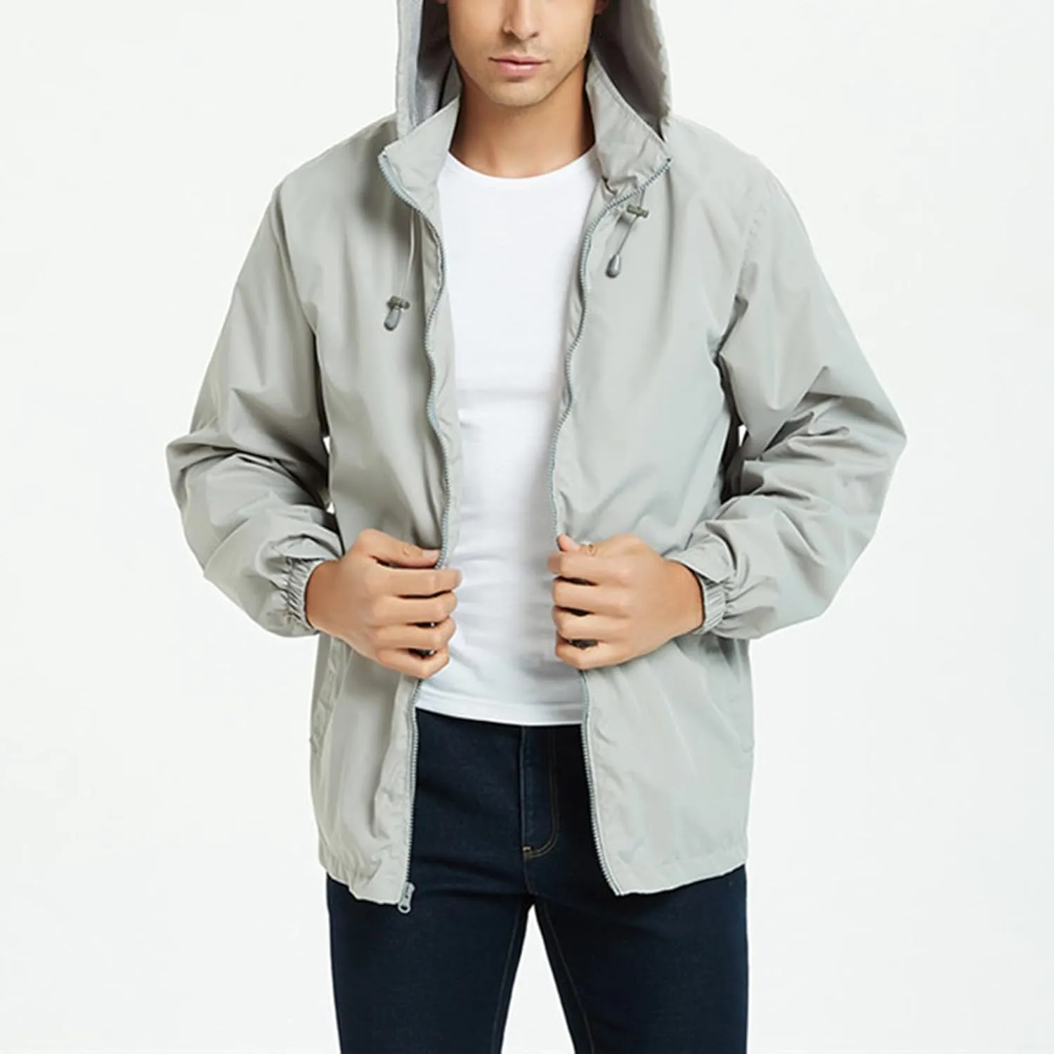 CRNTCEM Mens Waterproof Windbreaker Rain Jacket Lightweight Full Zip Water-Resistant Outdoor Running Hiking Hoodie Jackets