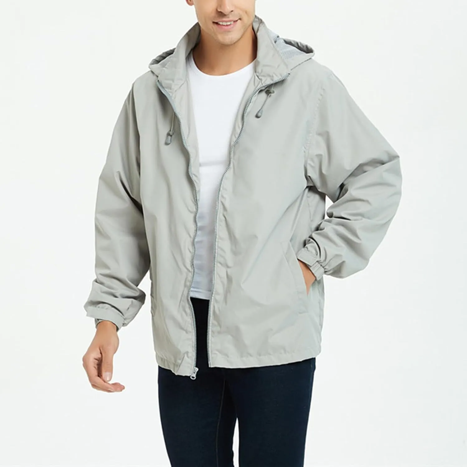 CRNTCEM Mens Waterproof Windbreaker Rain Jacket Lightweight Full Zip Water-Resistant Outdoor Running Hiking Hoodie Jackets