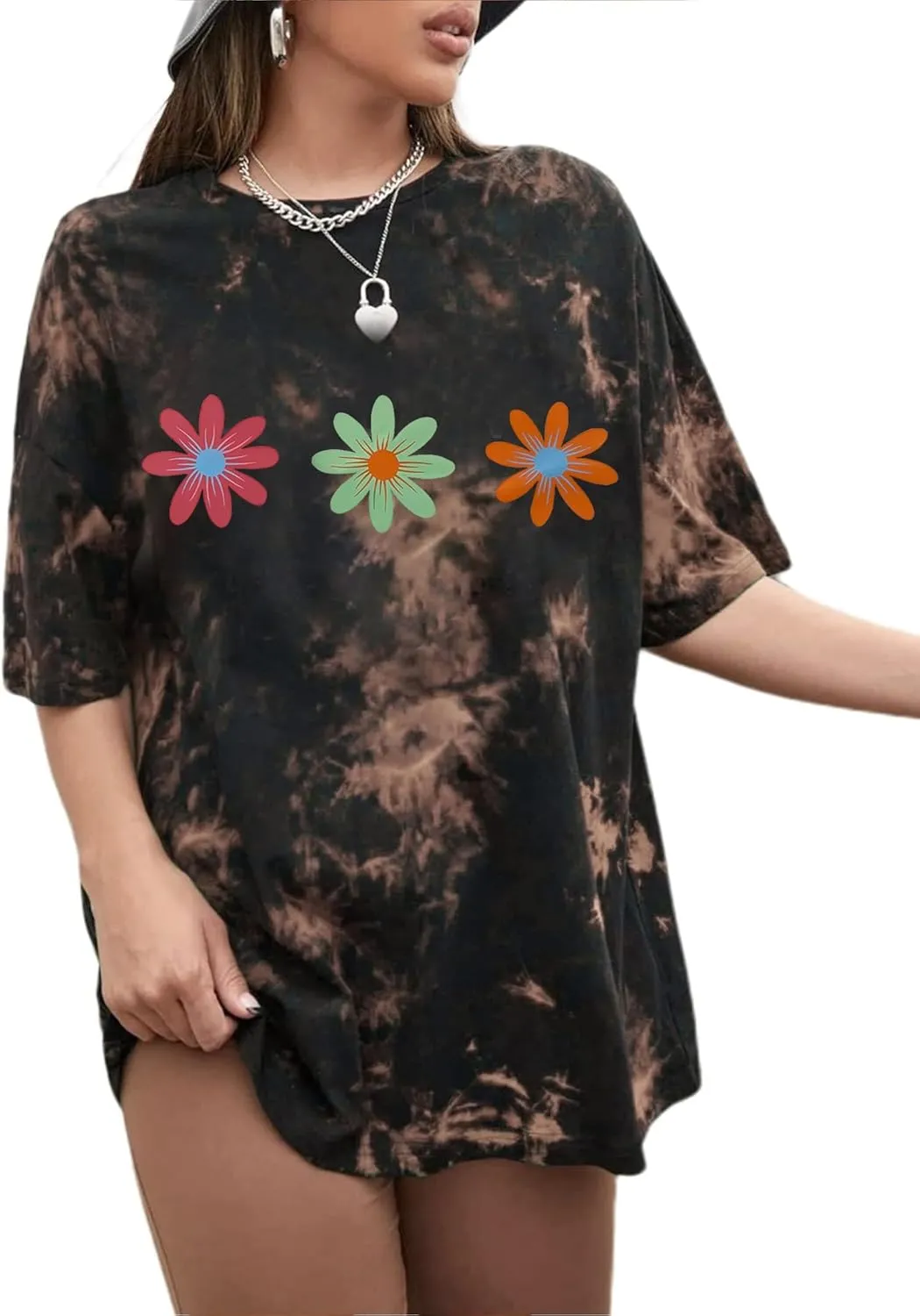 CSDAJIO Women's Casual Summer Boho Floral Print Wildflowers Graphic Tee Short Sleeve Oversized T Shirt