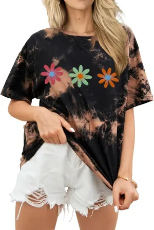 CSDAJIO Women's Casual Summer Boho Floral Print Wildflowers Graphic Tee Short Sleeve Oversized T Shirt