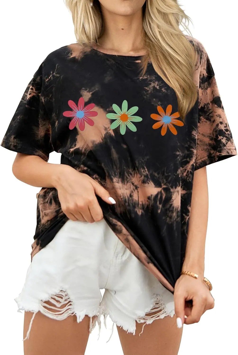 CSDAJIO Women's Casual Summer Boho Floral Print Wildflowers Graphic Tee Short Sleeve Oversized T Shirt