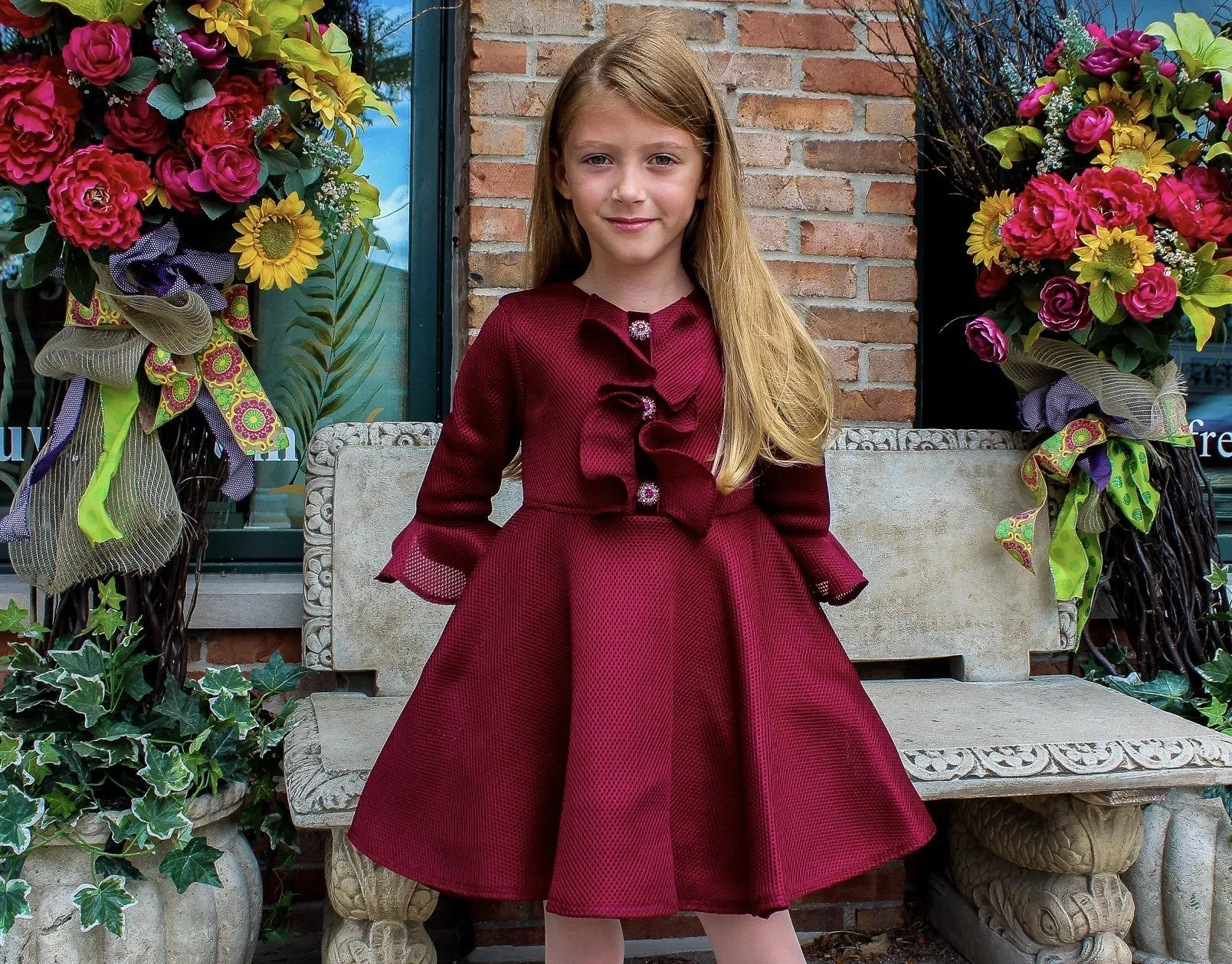 David Charles London Girls Wine Jeweled Button Dress