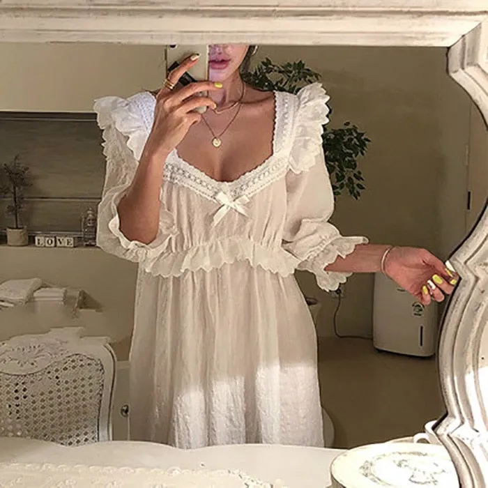 deanwangkt  New Women's Lolita Dress White Lace Square Neck Princess Sleepshirts Vintage Ladies Nightgowns Nightdress Cute Lounge Sleepwear