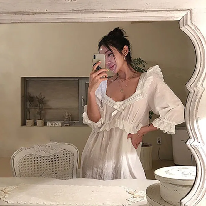 deanwangkt  New Women's Lolita Dress White Lace Square Neck Princess Sleepshirts Vintage Ladies Nightgowns Nightdress Cute Lounge Sleepwear