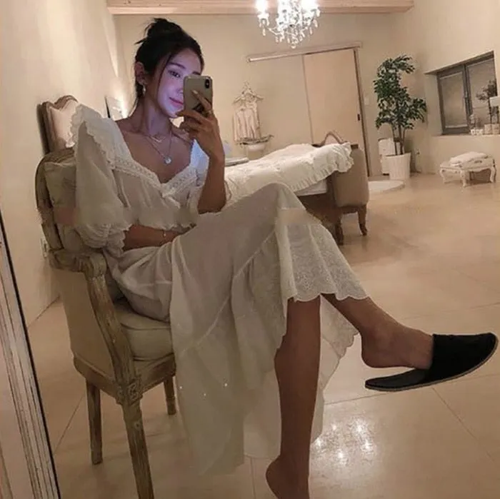 deanwangkt  New Women's Lolita Dress White Lace Square Neck Princess Sleepshirts Vintage Ladies Nightgowns Nightdress Cute Lounge Sleepwear