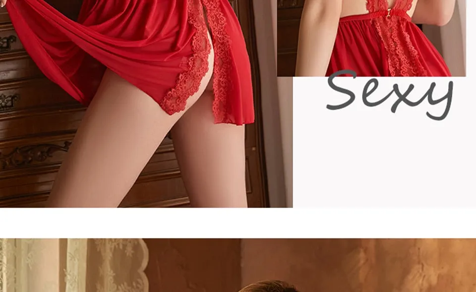 Deep V Lace Nightgowns Nighties Back Split Mini Sleeping Sleepwear Backless Nightdress