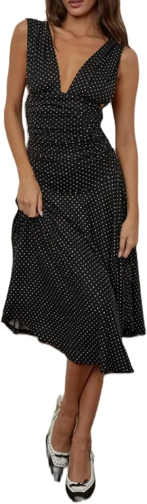 Deep V Neck Backless Midi Dress Polka Dot Ruched Bodycon Dresses Low Back Ruffle Flowy Going Out Vacation Sundress