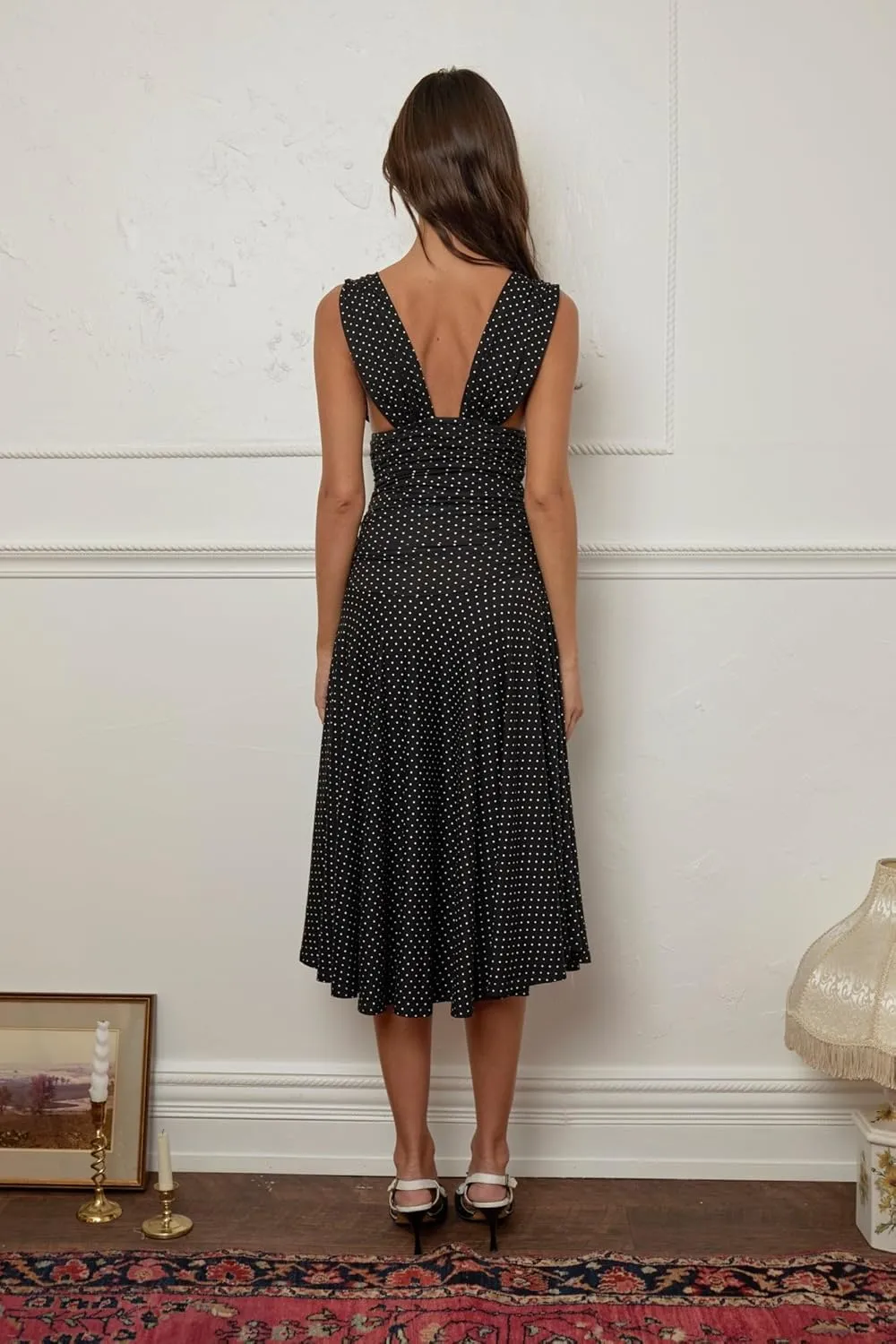 Deep V Neck Backless Midi Dress Polka Dot Ruched Bodycon Dresses Low Back Ruffle Flowy Going Out Vacation Sundress
