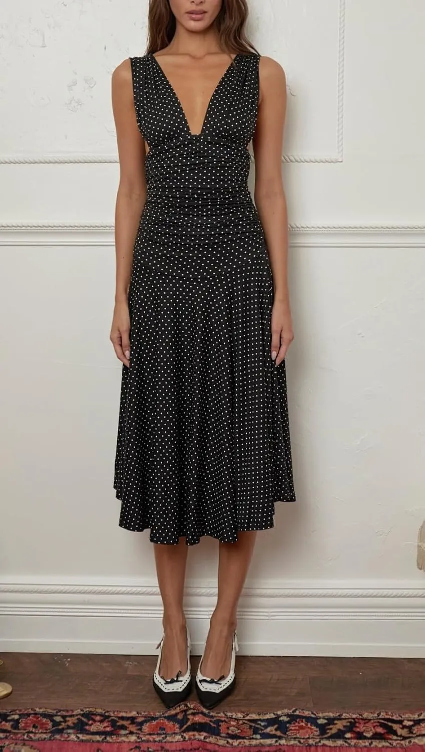 Deep V Neck Backless Midi Dress Polka Dot Ruched Bodycon Dresses Low Back Ruffle Flowy Going Out Vacation Sundress