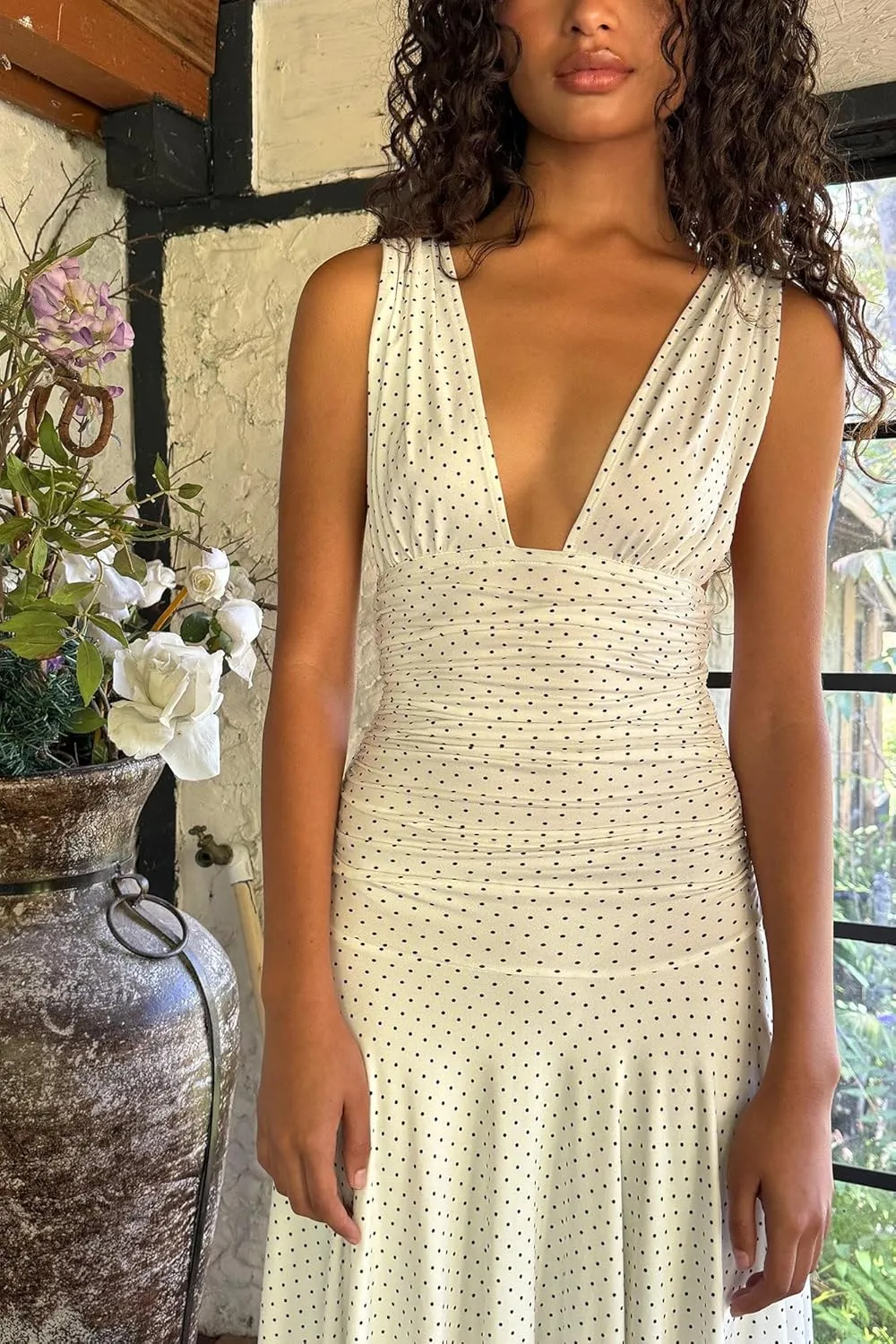 Deep V Neck Backless Midi Dress Polka Dot Ruched Bodycon Dresses Low Back Ruffle Flowy Going Out Vacation Sundress