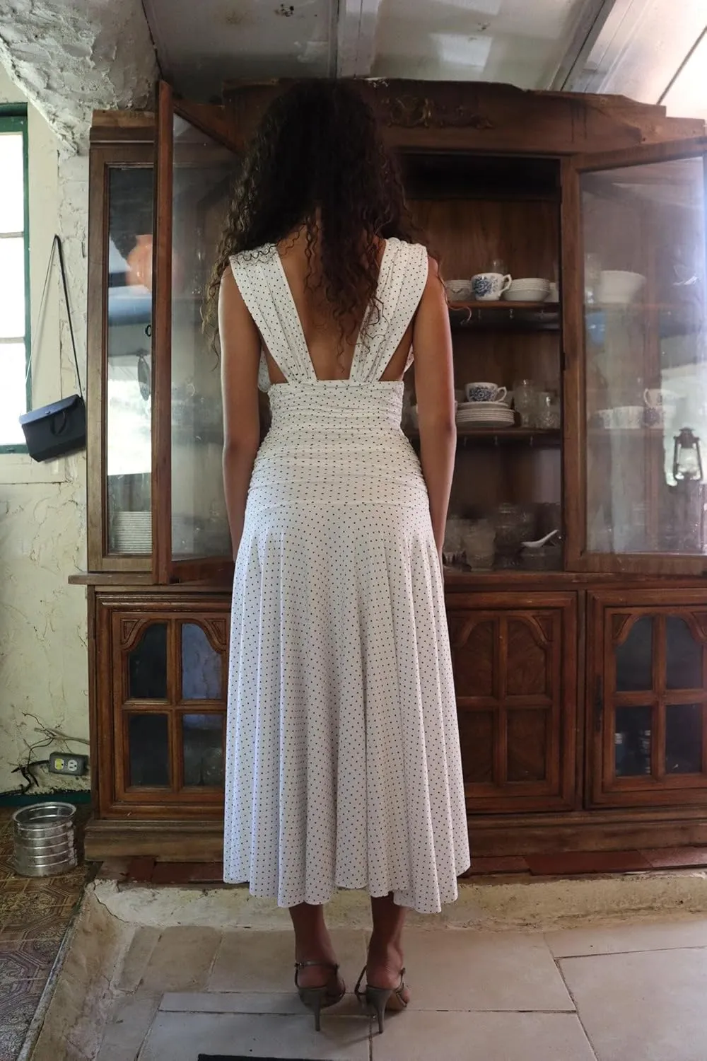 Deep V Neck Backless Midi Dress Polka Dot Ruched Bodycon Dresses Low Back Ruffle Flowy Going Out Vacation Sundress