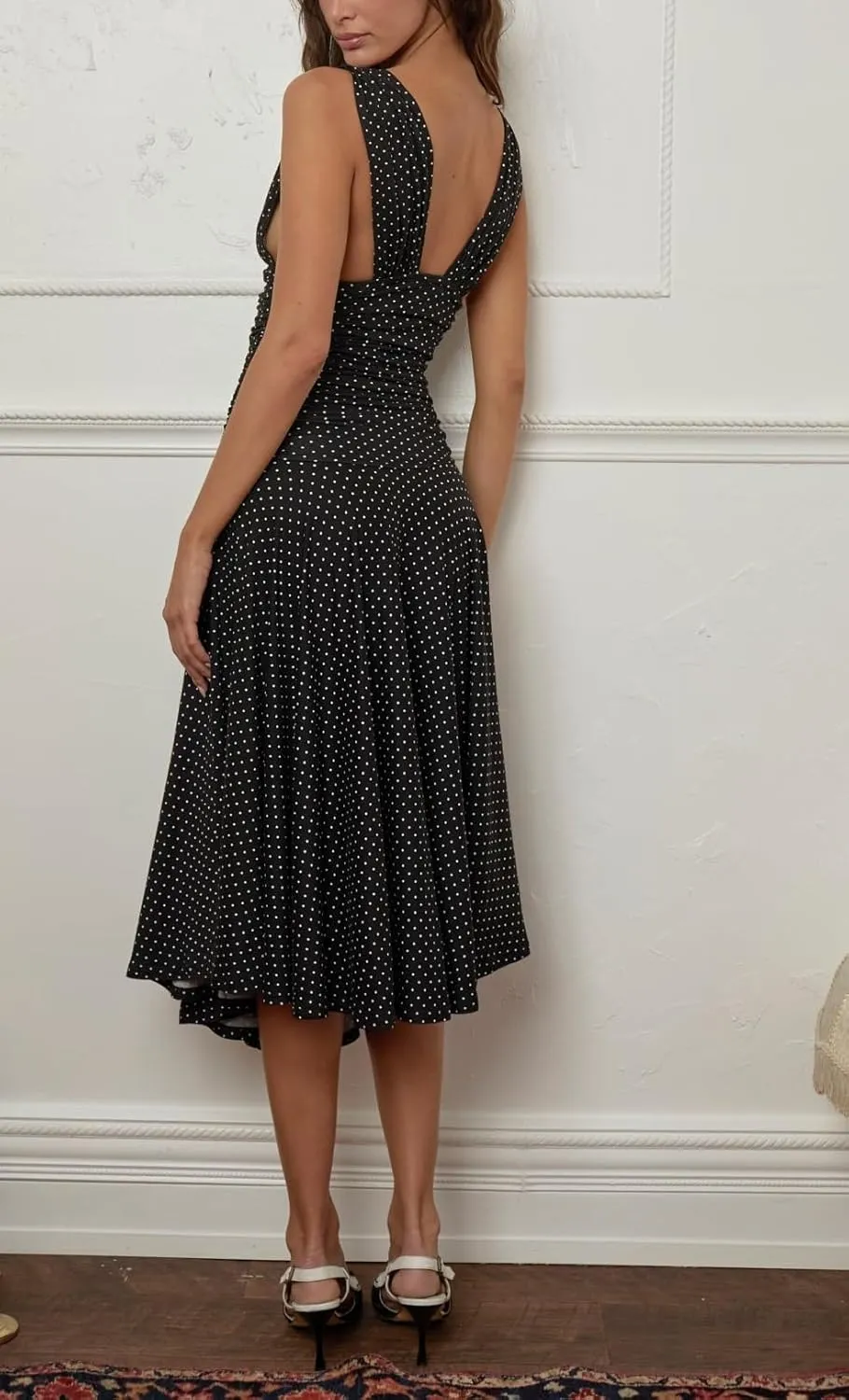 Deep V Neck Backless Midi Dress Polka Dot Ruched Bodycon Dresses Low Back Ruffle Flowy Going Out Vacation Sundress