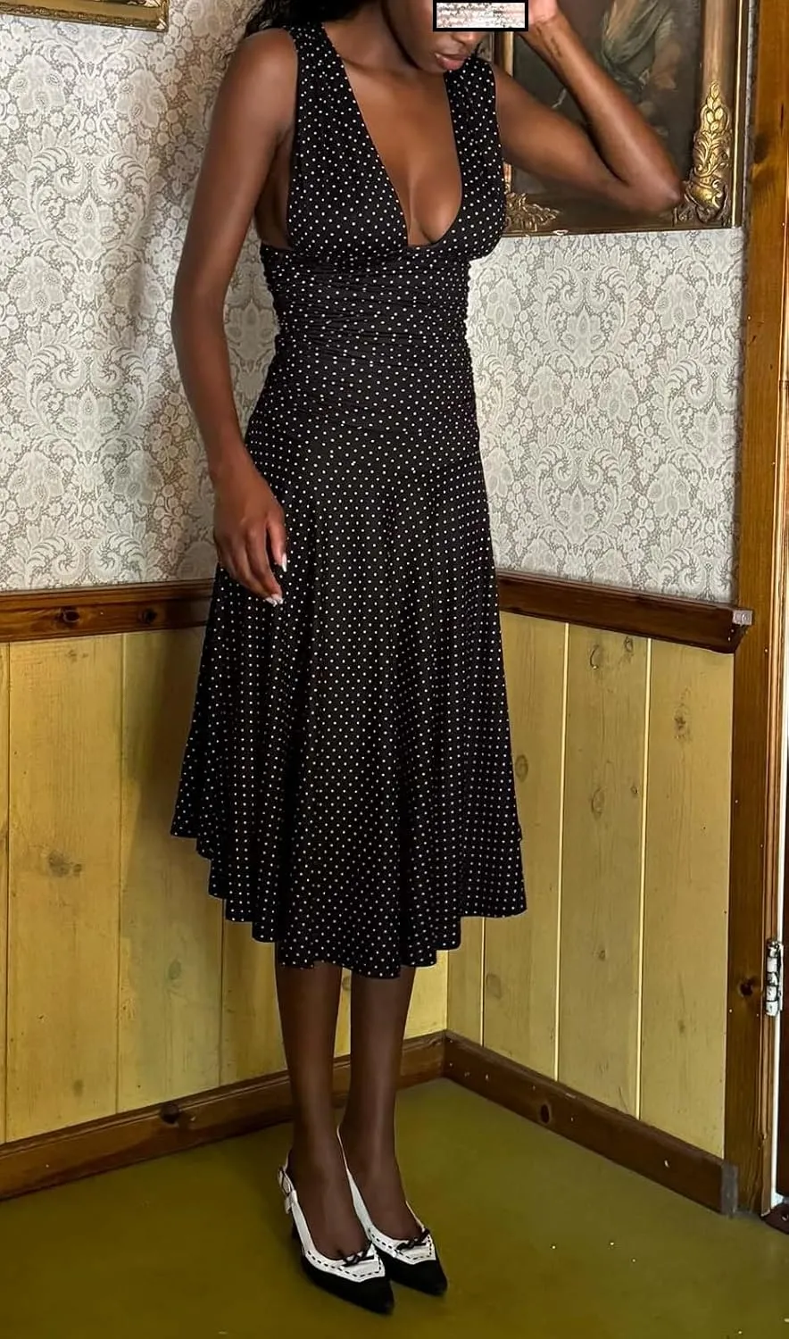 Deep V Neck Backless Midi Dress Polka Dot Ruched Bodycon Dresses Low Back Ruffle Flowy Going Out Vacation Sundress