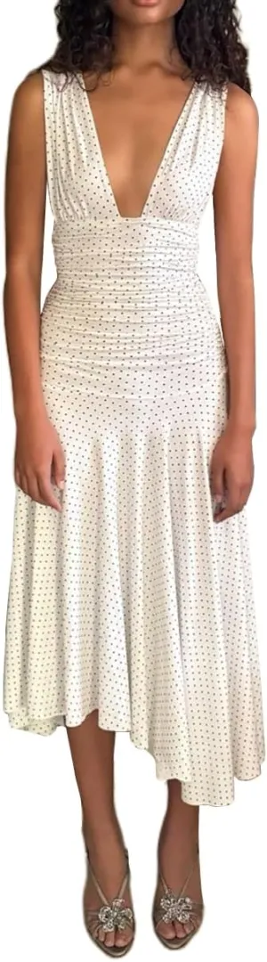 Deep V Neck Backless Midi Dress Polka Dot Ruched Bodycon Dresses Low Back Ruffle Flowy Going Out Vacation Sundress