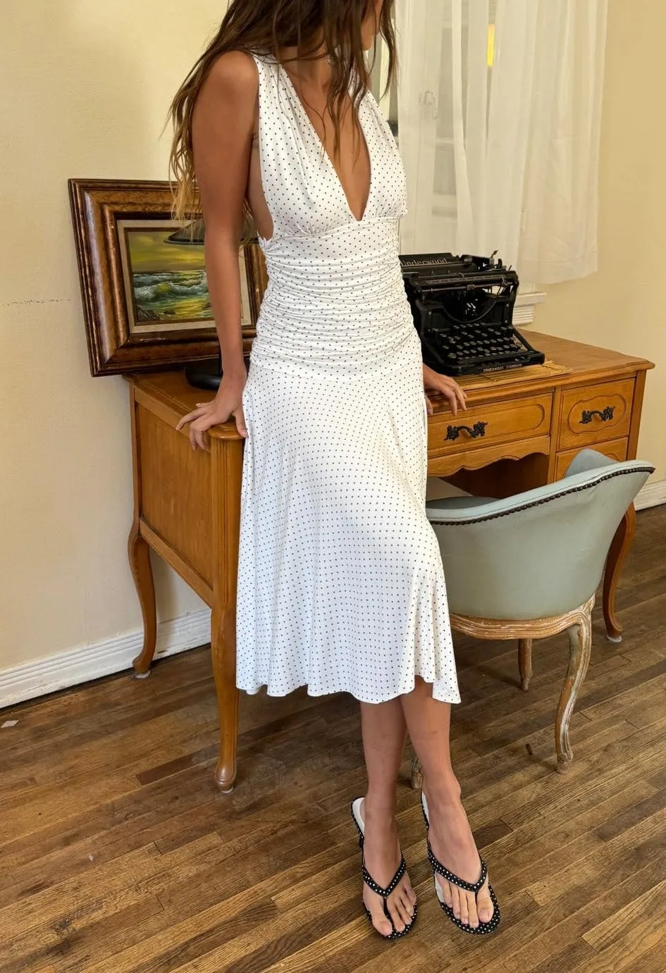 Deep V Neck Backless Midi Dress Polka Dot Ruched Bodycon Dresses Low Back Ruffle Flowy Going Out Vacation Sundress