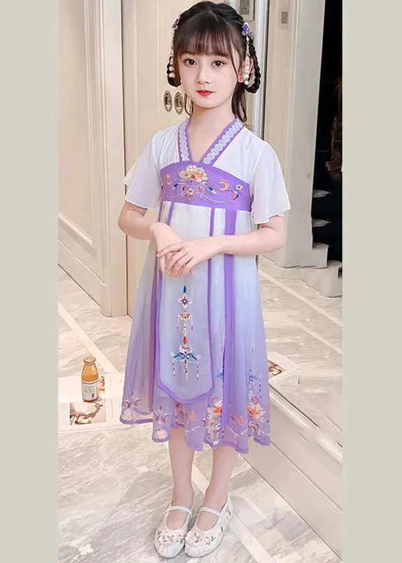 DIY Purple Embroidered Tassel Tulle Girls Long Dresses Summer GF010