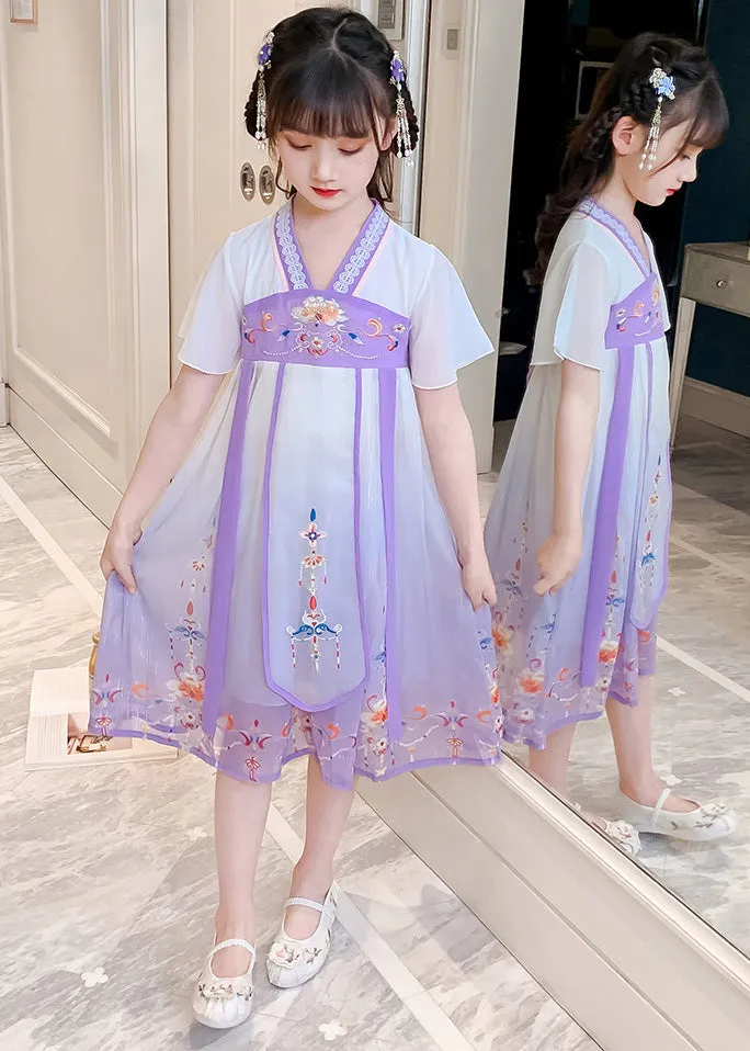 DIY Purple Embroidered Tassel Tulle Girls Long Dresses Summer GF010
