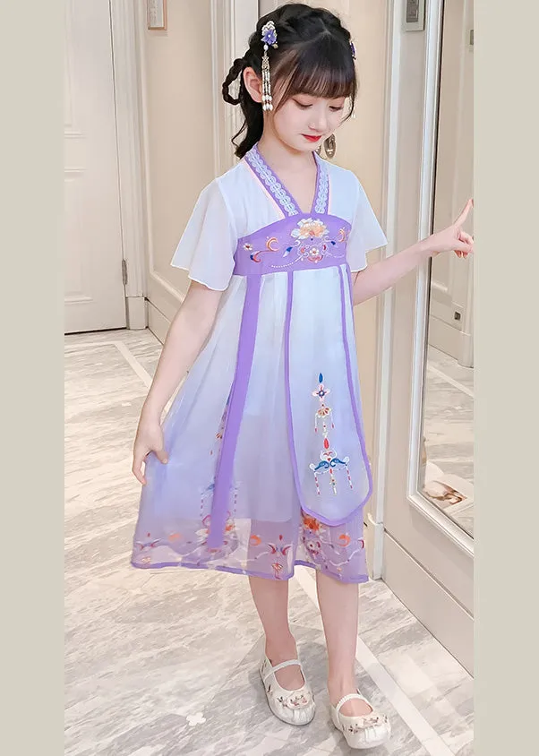 DIY Purple Embroidered Tassel Tulle Girls Long Dresses Summer GF010
