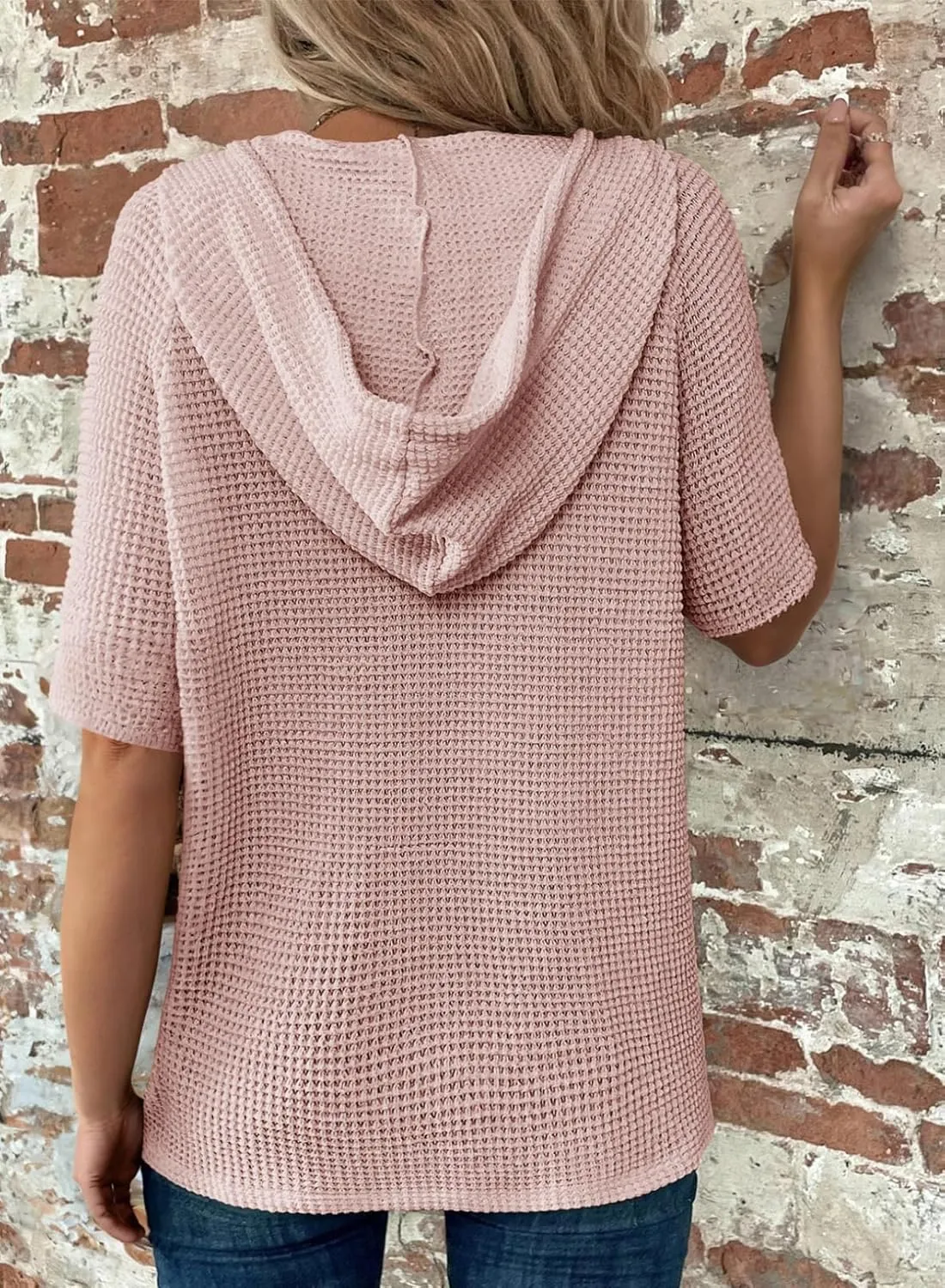 Dokotoo Womens Summer Tops Waffle Knit Short Sleeve Lightweight Drawstring Hoodies Button V Neck Casual Blouses Shirts