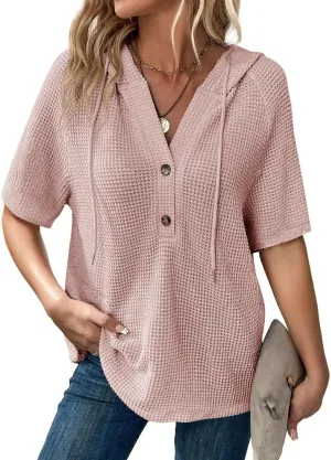 Dokotoo Womens Summer Tops Waffle Knit Short Sleeve Lightweight Drawstring Hoodies Button V Neck Casual Blouses Shirts