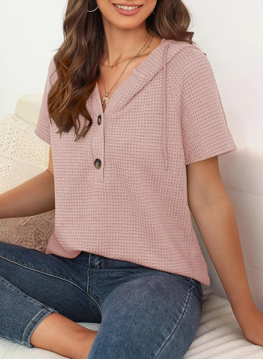 Dokotoo Womens Summer Tops Waffle Knit Short Sleeve Lightweight Drawstring Hoodies Button V Neck Casual Blouses Shirts