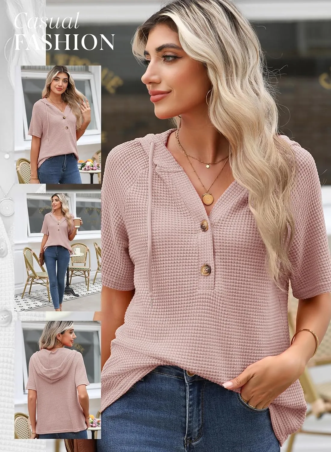 Dokotoo Womens Summer Tops Waffle Knit Short Sleeve Lightweight Drawstring Hoodies Button V Neck Casual Blouses Shirts