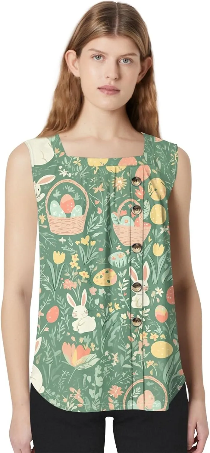 Easter Shirts for Women Tank Top Sleeveless Pleated Square Neck Loose Fit Tunic Blouses Shirts Fashion Tee 2025