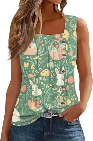 Easter Shirts for Women Tank Top Sleeveless Pleated Square Neck Loose Fit Tunic Blouses Shirts Fashion Tee 2025