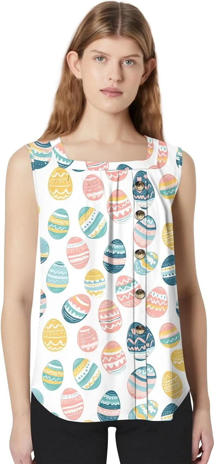 Easter Shirts for Women Tank Top Sleeveless Pleated Square Neck Loose Fit Tunic Blouses Shirts Fashion Tee 2025