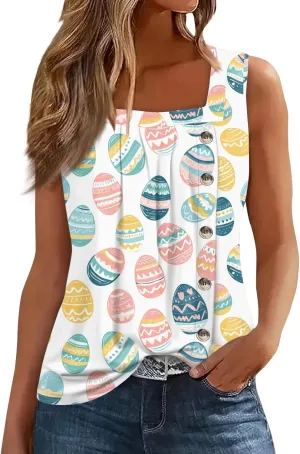 Easter Shirts for Women Tank Top Sleeveless Pleated Square Neck Loose Fit Tunic Blouses Shirts Fashion Tee 2025