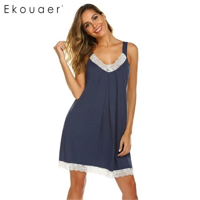 Ekouaer Sexy Lace Nightgown Women Summer Sleepwear V-Neck Slip Lounge Nightdress Ladies Lingerie Homewear Night Dress