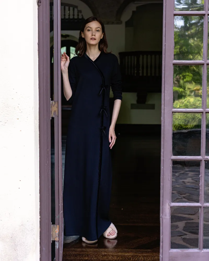 Ellwi Velvet Bows Wrap Style Black Cotton Nightgown