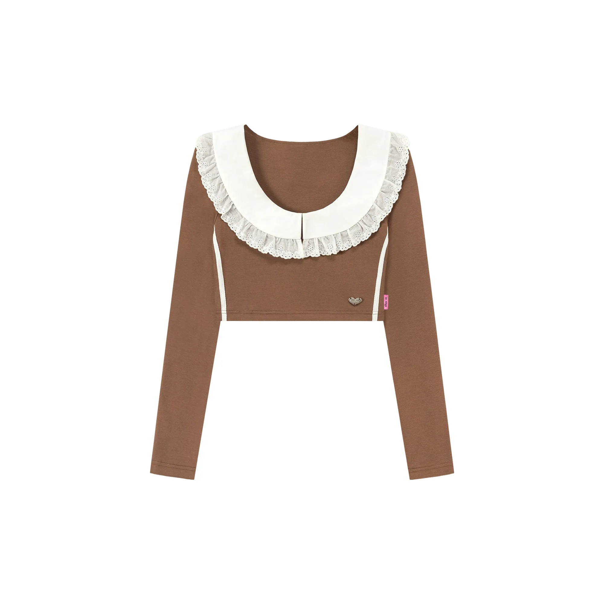 Eyelet Lace Collar Long-Sleeved Crop Top