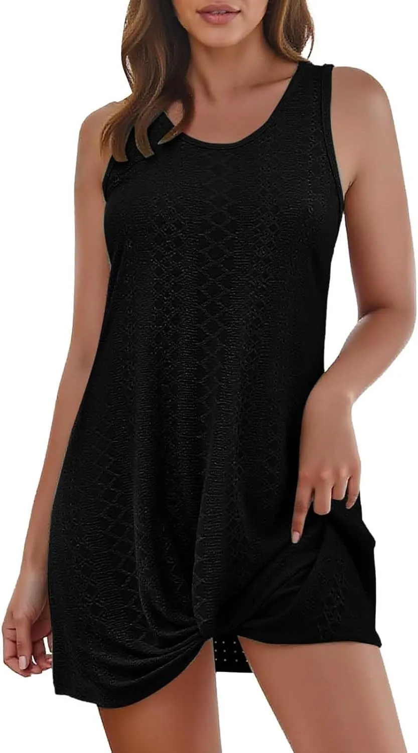 Eyelet Sundresses for Women Sexy Crew Neck Sleeveless Beach Dress Classy Summer Hawaiian Travel Outfits for Women