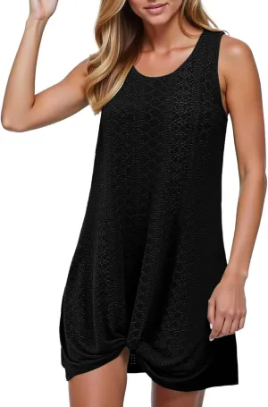 Eyelet Sundresses for Women Sexy Crew Neck Sleeveless Beach Dress Classy Summer Hawaiian Travel Outfits for Women