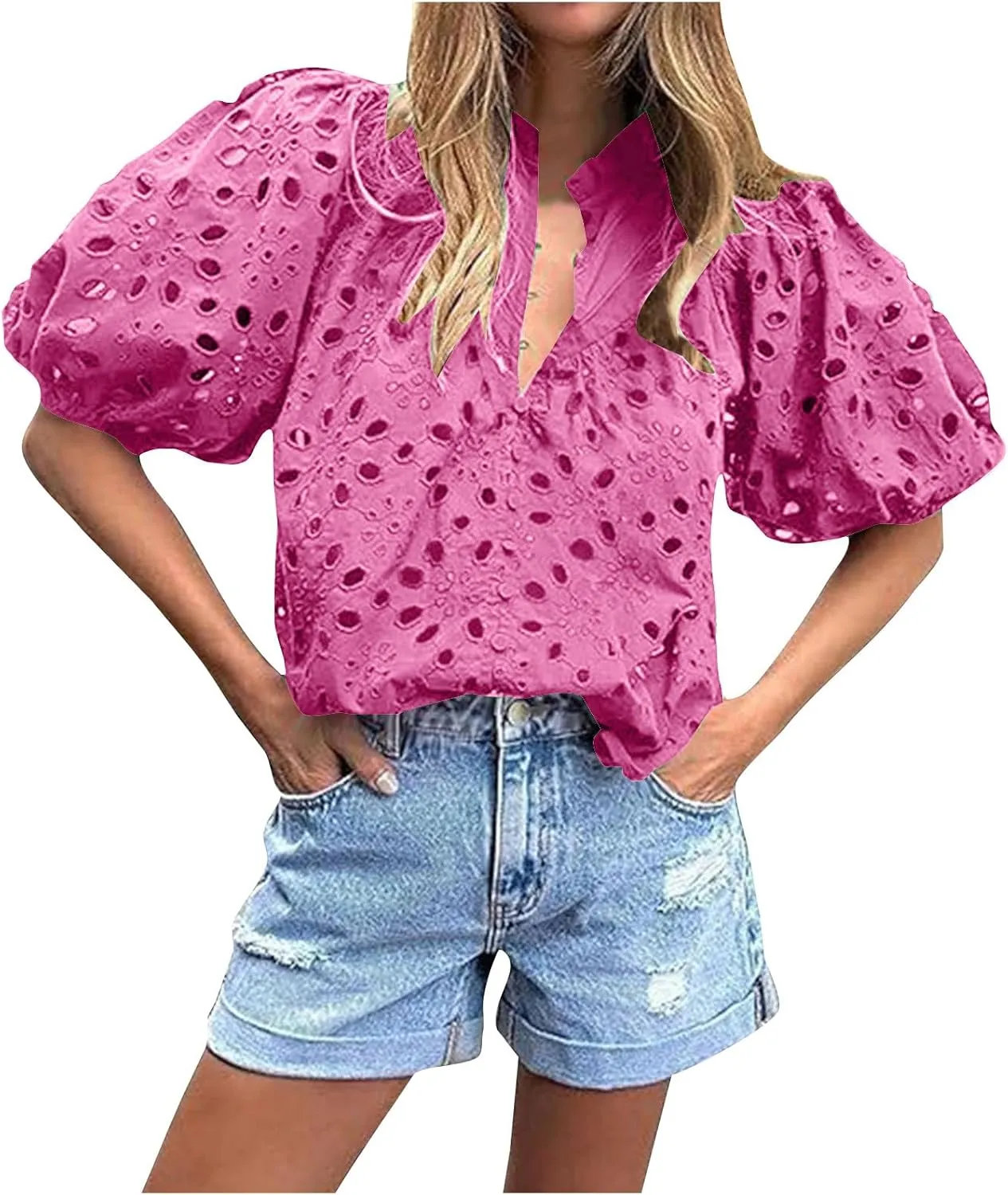Eyelet Top for Women Cut Out Lace Embroidered Blouse Puff Sleeve V Neck Button Down Summer Dressy Business Casual Shirts