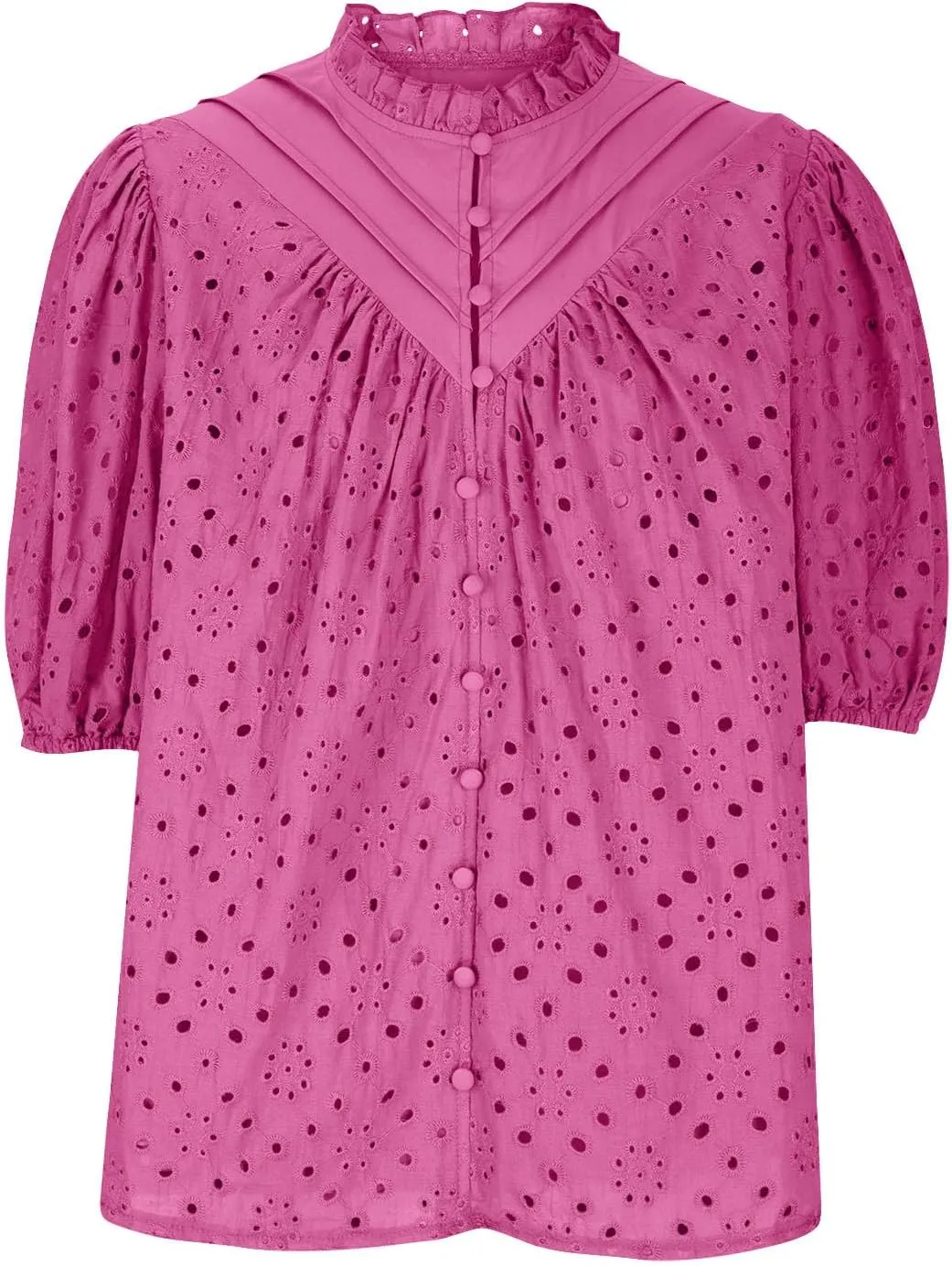 Eyelet Top for Women Cut Out Lace Embroidered Blouse Puff Sleeve V Neck Button Down Summer Dressy Business Casual Shirts