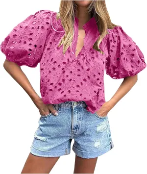 Eyelet Top for Women Cut Out Lace Embroidered Blouse Puff Sleeve V Neck Button Down Summer Dressy Business Casual Shirts