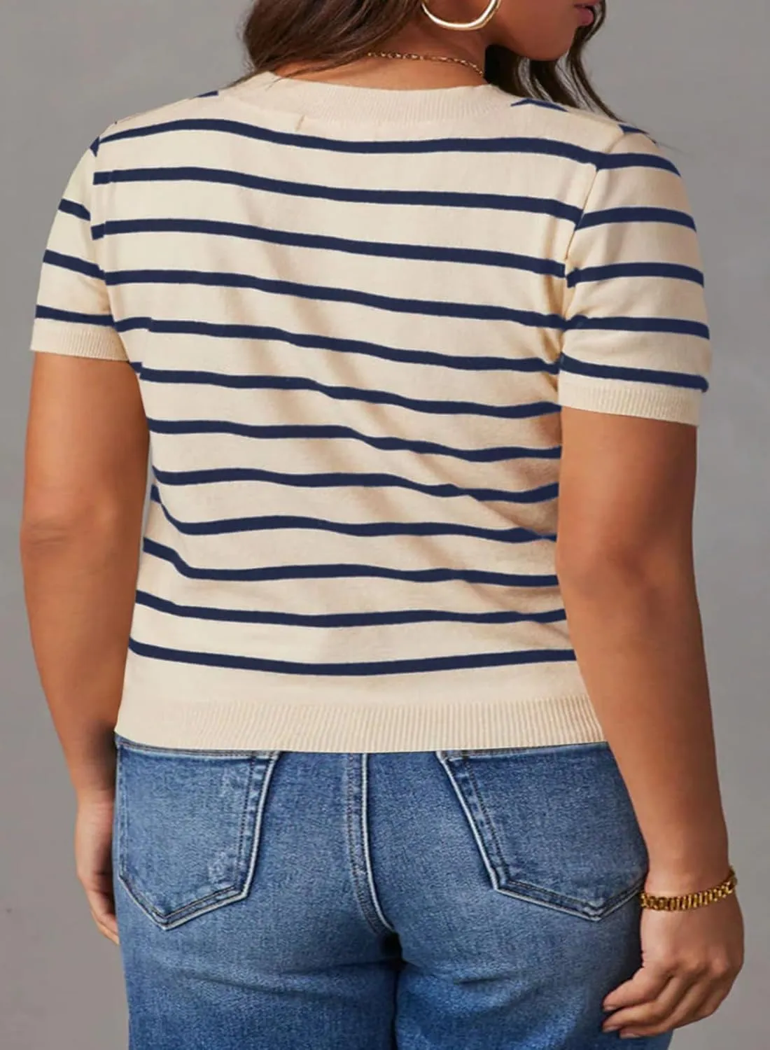 Eytino Women Plus Size Sweater Tops Short Sleeve Crewneck Striped Tshirts Casual Summer Blouses Shirts(1X-5X)