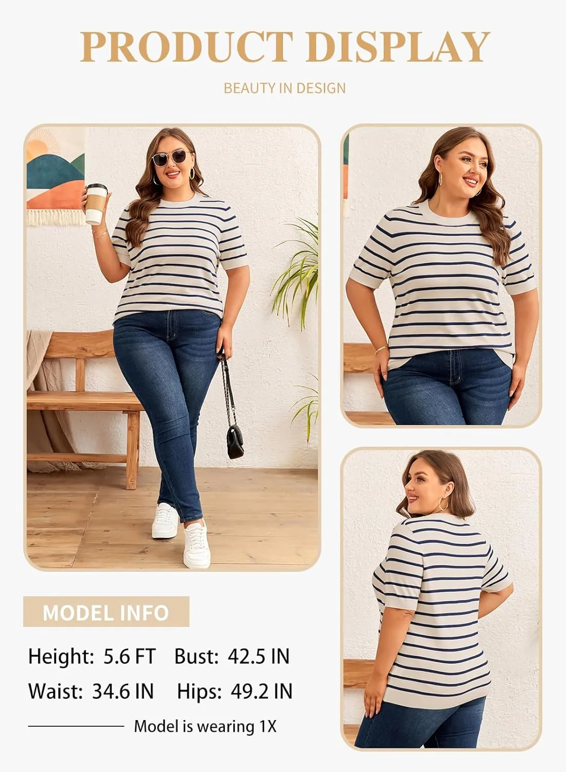 Eytino Women Plus Size Sweater Tops Short Sleeve Crewneck Striped Tshirts Casual Summer Blouses Shirts(1X-5X)