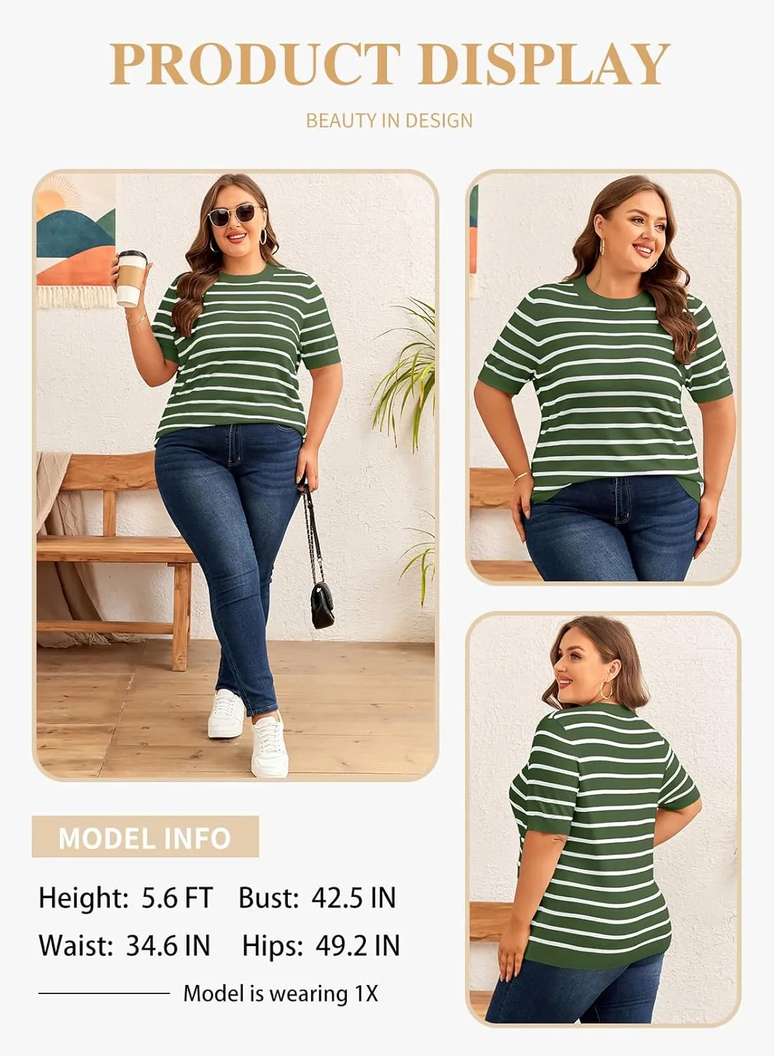 Eytino Women Plus Size Sweater Tops Short Sleeve Crewneck Striped Tshirts Casual Summer Blouses Shirts(1X-5X)