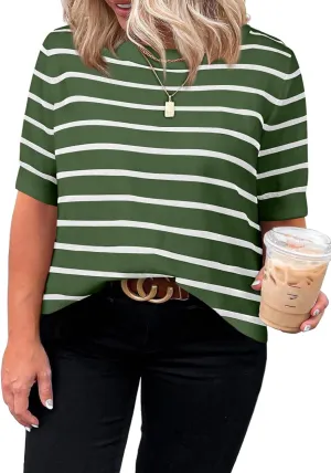 Eytino Women Plus Size Sweater Tops Short Sleeve Crewneck Striped Tshirts Casual Summer Blouses Shirts(1X-5X)