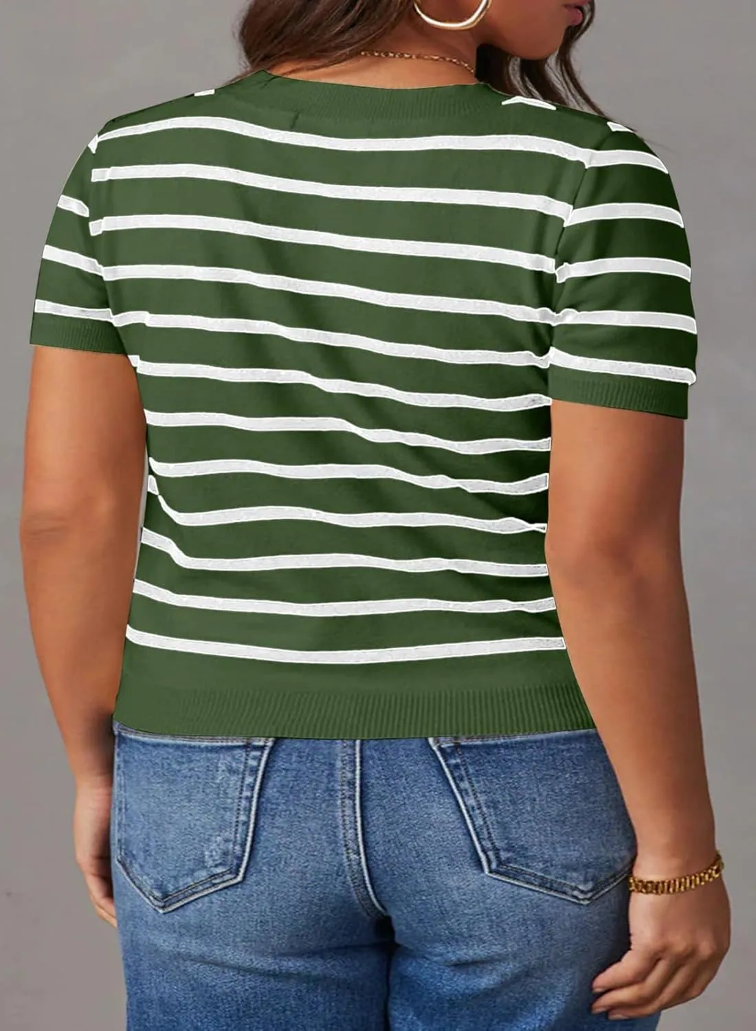 Eytino Women Plus Size Sweater Tops Short Sleeve Crewneck Striped Tshirts Casual Summer Blouses Shirts(1X-5X)