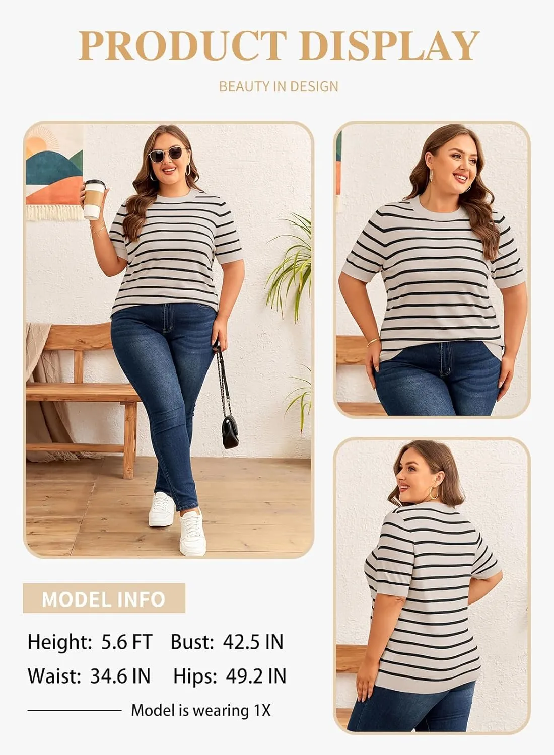 Eytino Women Plus Size Sweater Tops Short Sleeve Crewneck Striped Tshirts Casual Summer Blouses Shirts(1X-5X)