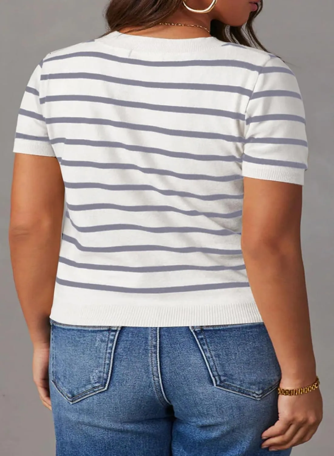 Eytino Women Plus Size Sweater Tops Short Sleeve Crewneck Striped Tshirts Casual Summer Blouses Shirts(1X-5X)
